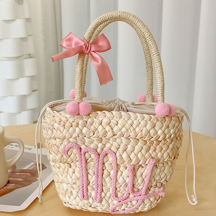Wholesale Summer Style Summer Simple Girly Style Straw Handbag Candy Color Bow Woven Bag Ready for Beach Travel