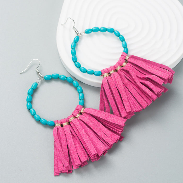 Wholesale Large round turquoise handmade leather tassel statement earrings