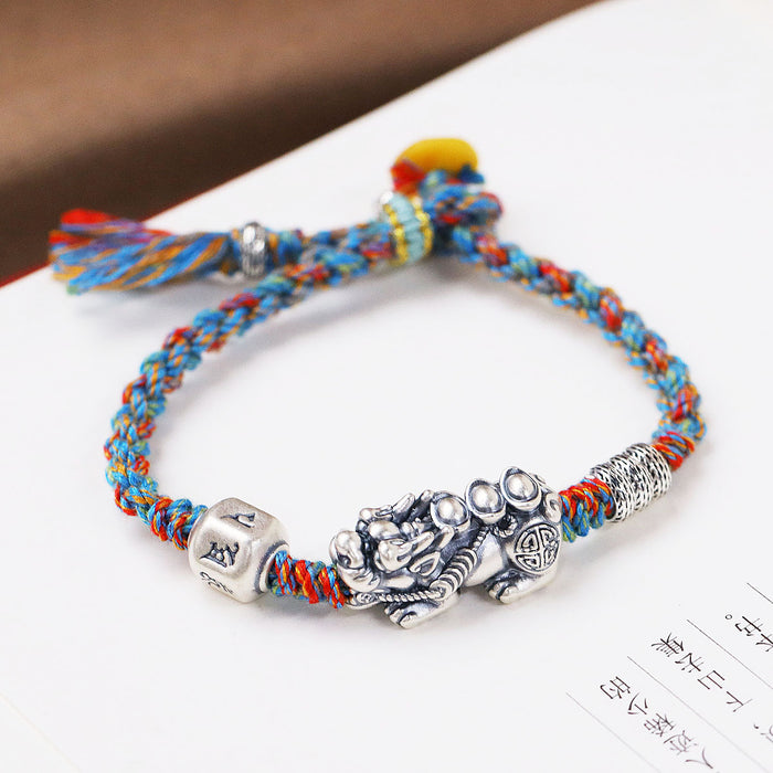 Wholesale Foot Silver Pixiu Bracelet, Handmade, Personalized Cotton Rope, Hand Rope for Women to Attract Wealth and Treasure, Hand Ornament