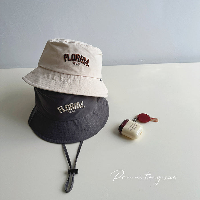 Wholesale Children's big brimmed hat with personalized Western style letters, windproof fisherman hat, sunshade basin hat