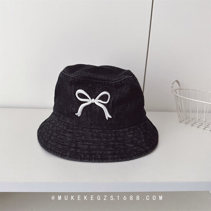 Wholesale Children's denim fisherman hat with bow embroidery trendy children's baby sun hat