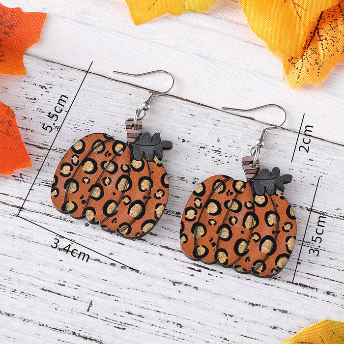 Wholesale Thanksgiving Autumn Harvest Leopard Print Pumpkin Pendant Earrings Wooden Double-Sided Earrings