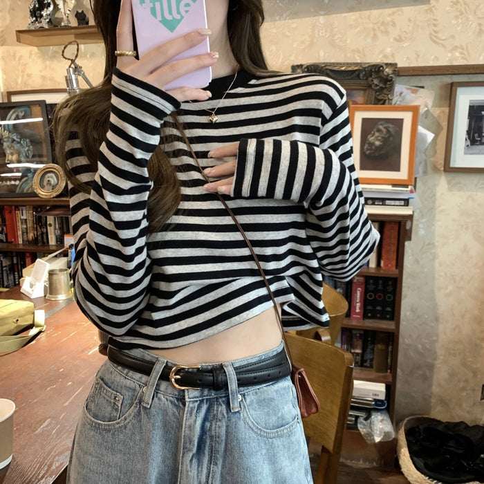Wholesale Contrast color striped long-sleeved T-shirt women's casual slimming bottoming shirt short top