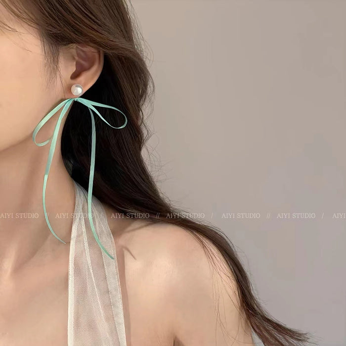 Wholesale Pearl ribbon earrings, bow earrings, niche, unique and sweet earrings