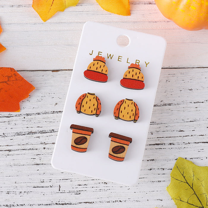 Wholesale Autumn Thanksgiving Maple Leaf Pumpkin Earring Set Wooden Personalized Thanksgiving Harvest Earring Gift