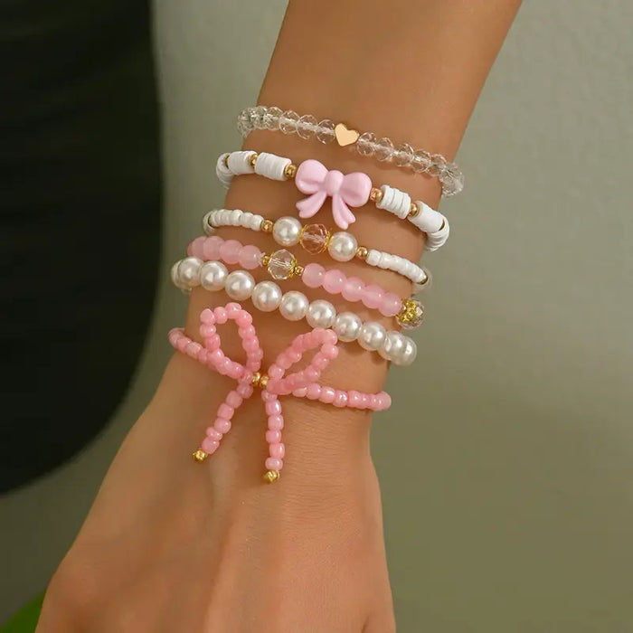 Wholesale Bohemian style pink beaded heart bow bracelet