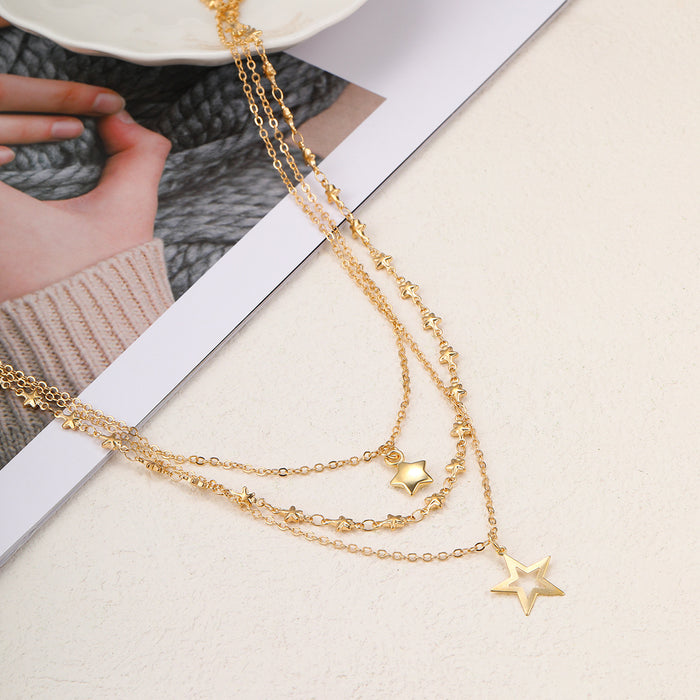 Wholesale hollow five-pointed star pendant necklace  multi-layered clavicle chain for women
