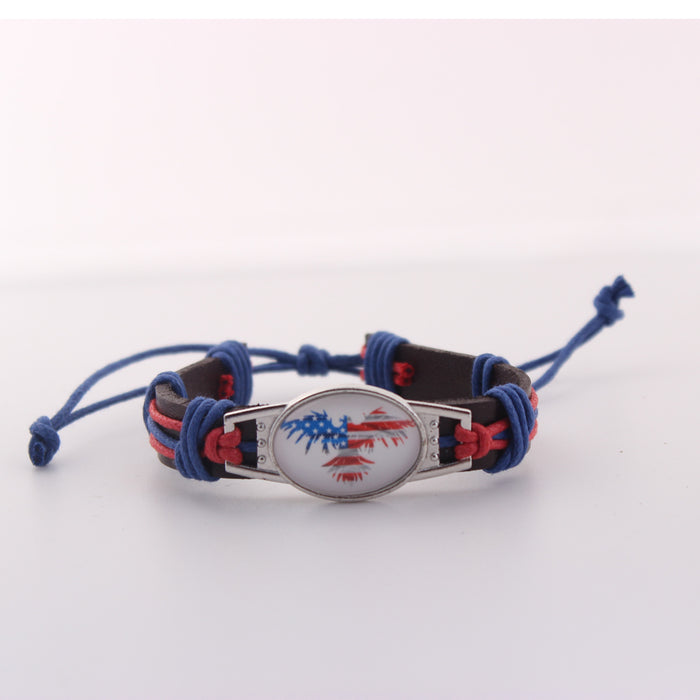 Wholesale Flag genuine leather woven bracelet with adjustable DIY zinc alloy red, white, and blue bracelet