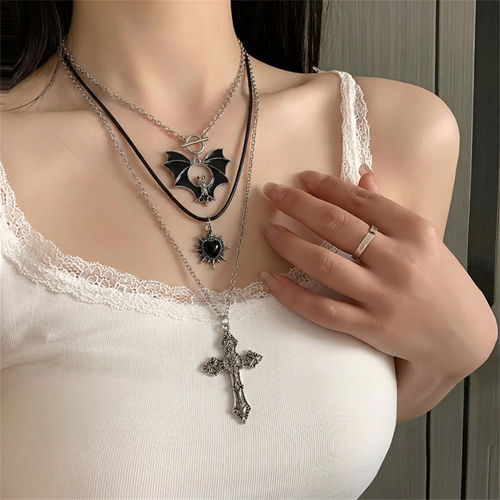 Wholesale Alloy Gothic Layered Necklace Set Cross and Heart Design