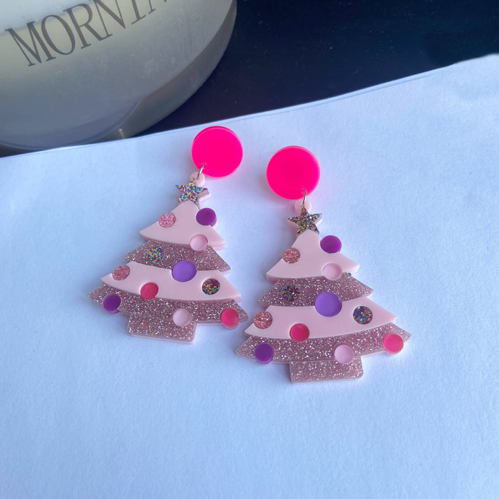 Wholesale Christmas acrylic earrings color ing green pink Christmas tree personality earrings