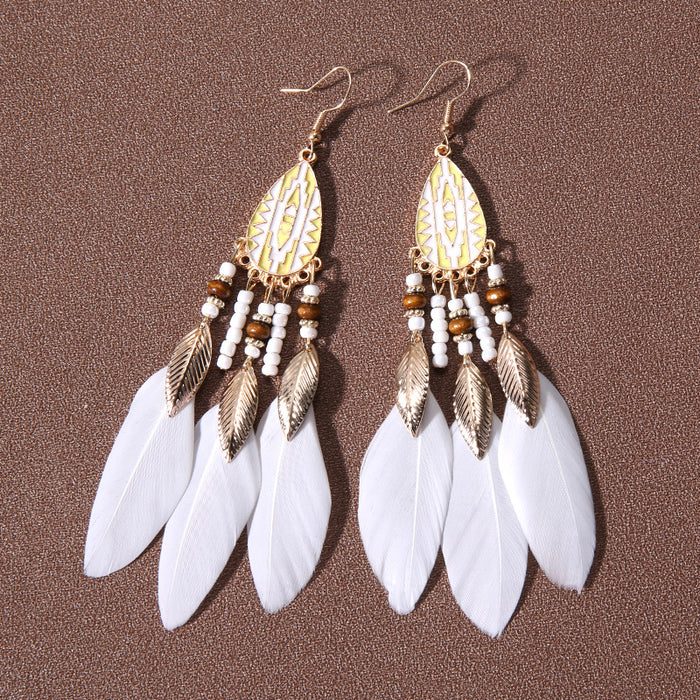 Wholesale Water Drop Tassel Feather Earrings Women's Long Bohemian Rice Beads Earrings Tourism Vacation Accessories