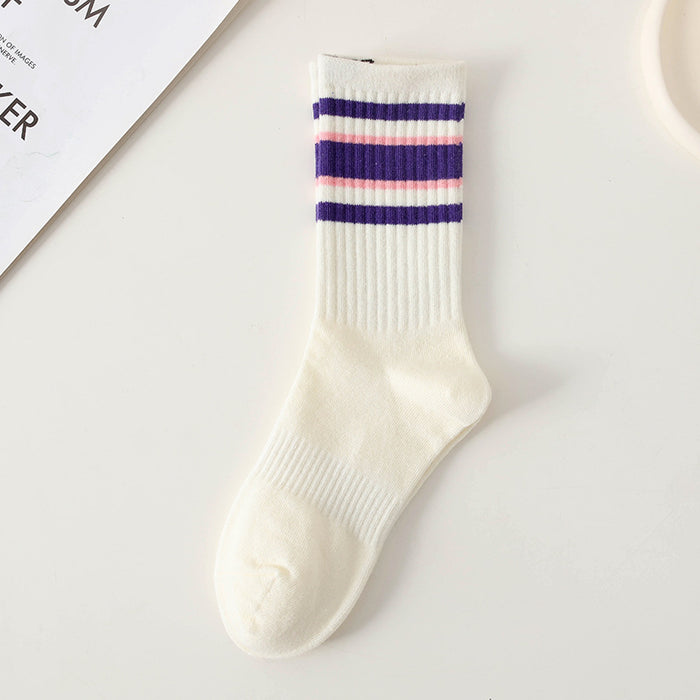 Wholesale Women's mid tube cotton socks, women's long socks with simple stripes, comfortable and breathable mid tube socks