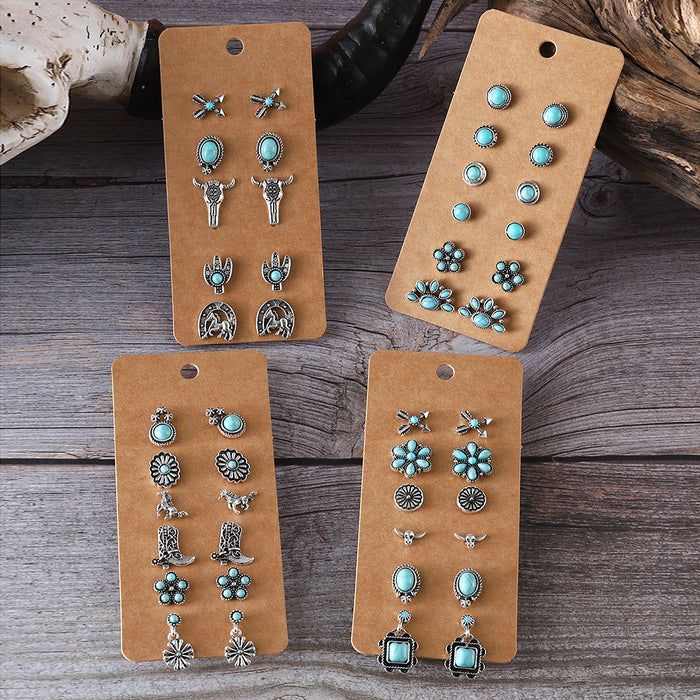 Wholesale cute sweet turquoise earrings suit fashion round bead flower cat claw ear jewelry