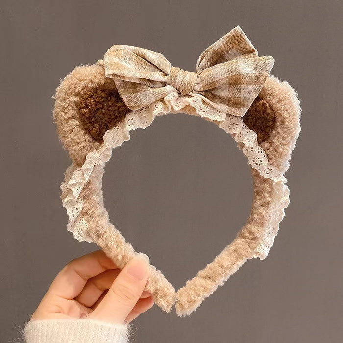 Wholesale Cute lace-trimmed bow bear ear plush headband