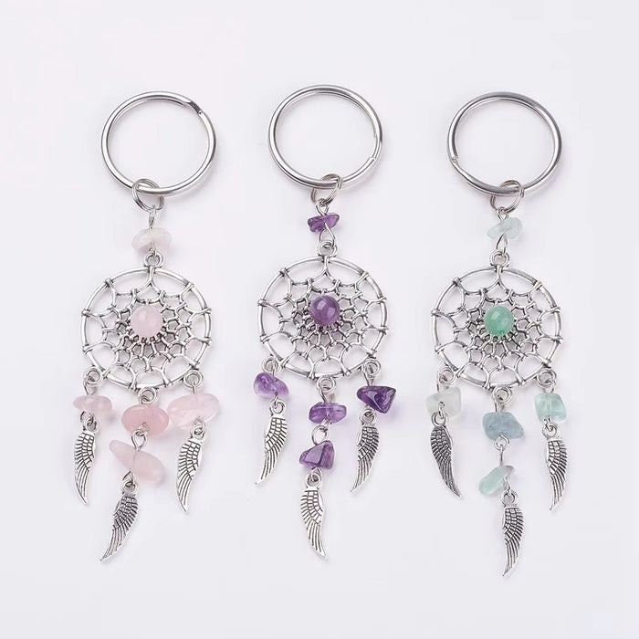 Wholesale Bohemian Dreamcatcher Keychain with Crystal Chips Feather Tassel Green Car Key Accessory