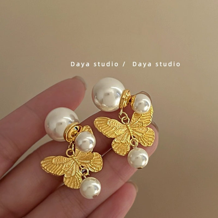 Wholesale Retro metallic butterfly earrings, high-end floral earrings, versatile, exaggerated, niche earrings
