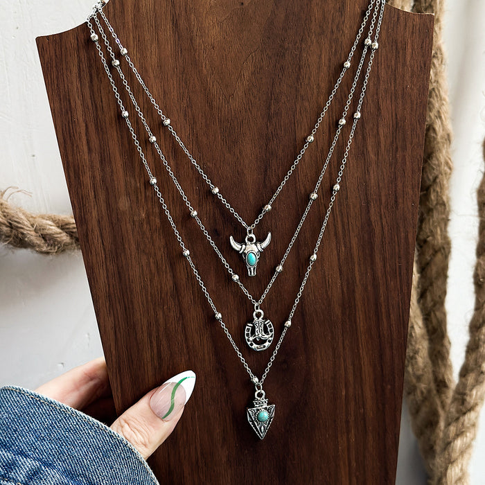 Wholesale Western Denim Style Hat Turquoise Multi-layer Necklace Women' s Vintage Flower Plate All-match Necklace