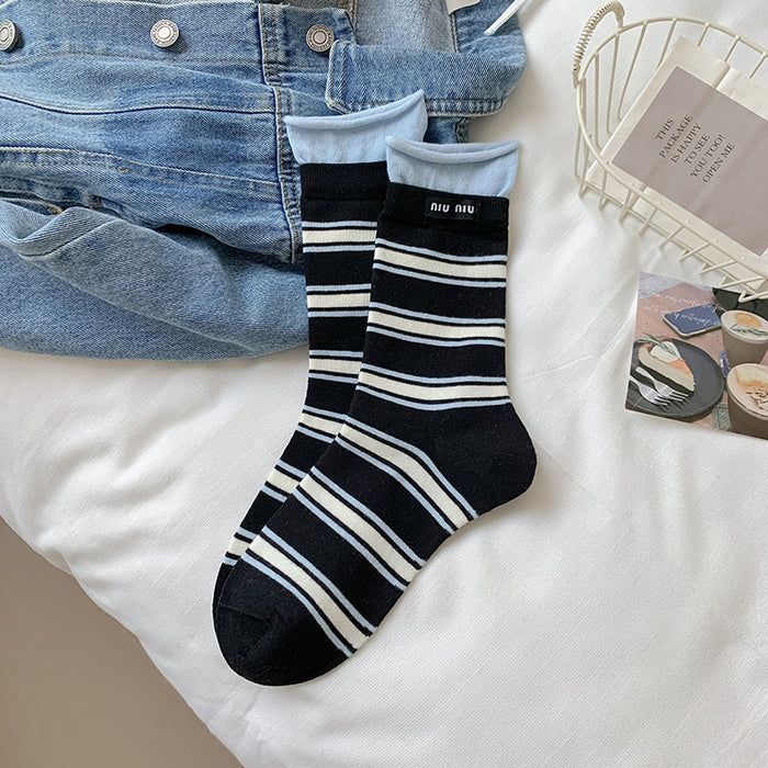 Wholesale Striped socks, mid tube, double ribbed, color blocked fabric, label pile socks, versatile long tube cotton socks