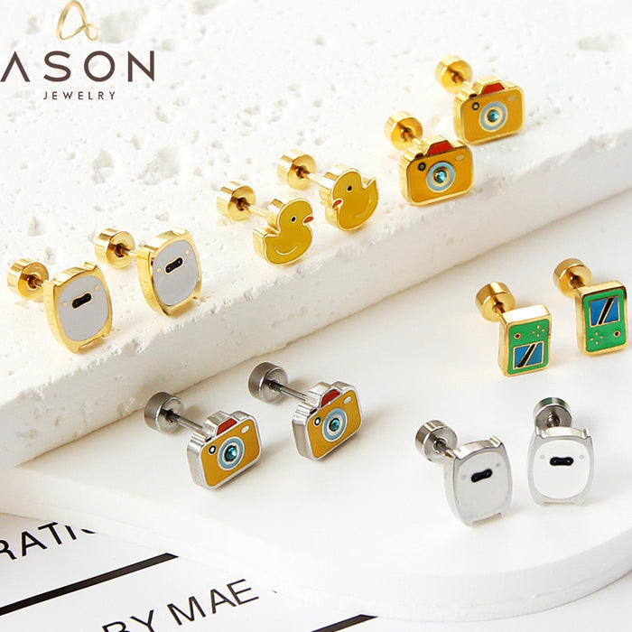 Wholesale Cute Animal Earrings Sweet Style Cartoon Colorful Yellow Duck Electroplated Stainless Steel Earrings