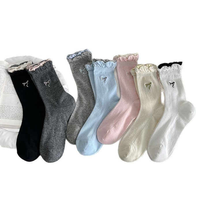 Wholesale Thin double-layer bubble mouth lace bow middle tube socks stacked with cotton socks