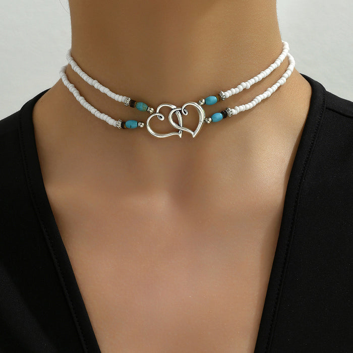 Wholesale Beach Vacation Style Double Heart Beaded Jewelry Set Alloy Necklace and Bracelet MOQ≥2
