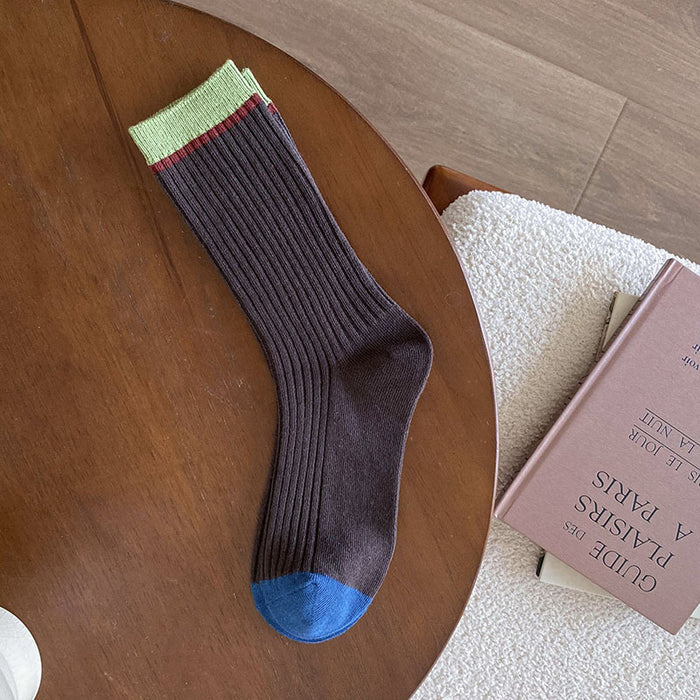 Wholesale Socks with double needle contrasting stripes, mid tube stacking, versatile socks