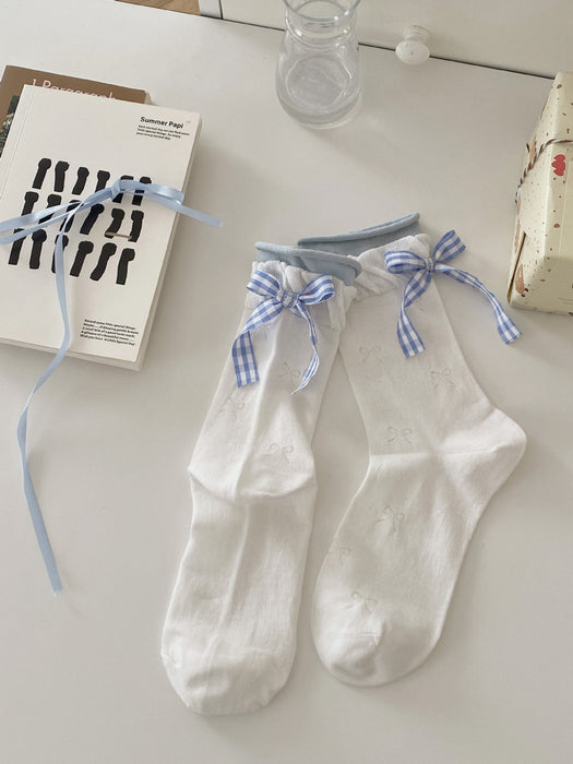 Wholesale Checkered bow socks boneless anti pilling pile socks