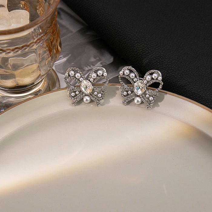 Wholesale Silver needle sweet pink heart earrings simple micro-inlaid zircon pearl earrings bow earrings