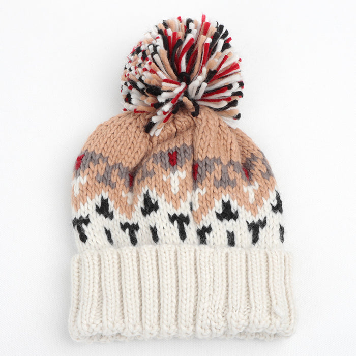 Wholesale Color blocked Geometric Diamond Jacquard Beanie with Colorful Turn-up Thickened Warm Knitted Hat