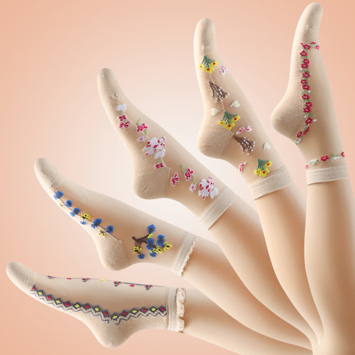 Wholesale mid-calf Crystal meat stockings spring and summer thin embroidered glass Silk women' s socks non-slip socks