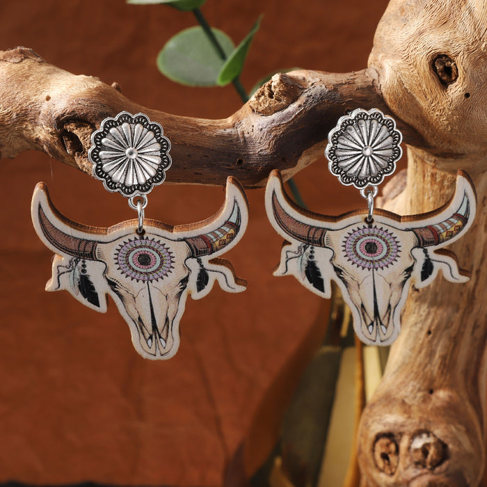 Wholesale Western Denim Style Printing Wooden Creative Farm Highland Cattle Ear Drop