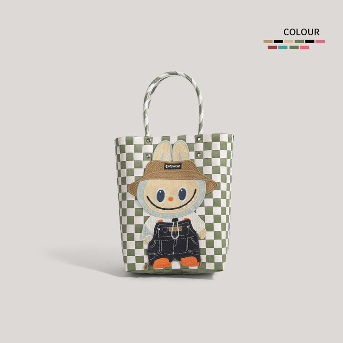 Wholesale  Plastic Woven Handbag Black Leather  Woven Vegetable Basket Handbag Handmade Bag