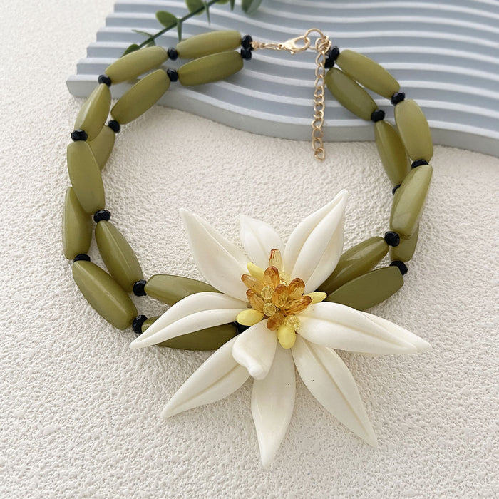 Wholesale White Large Flower Double-Layer Bamboo Necklace with Stylish