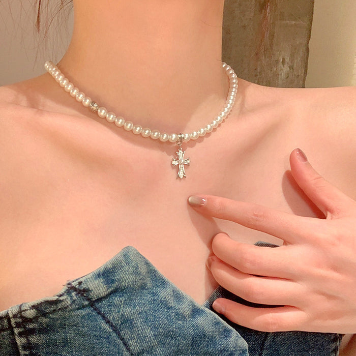 Wholesale Double layered diamond studded cross pearl necklace, niche personality, temperament, high-end feeling, collarbone chain