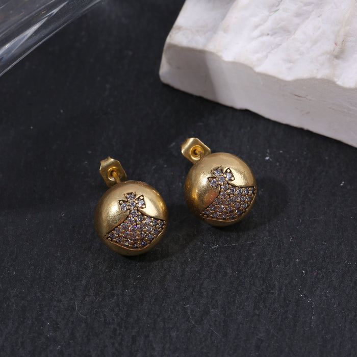 Wholesale Distressed micro-inlaid semi-circular planet earrings,  retro and personalized versatile earrings