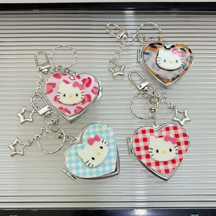 Wholesale Cute Cartoon Cat Checkered Heart Portable Mirror Keychain