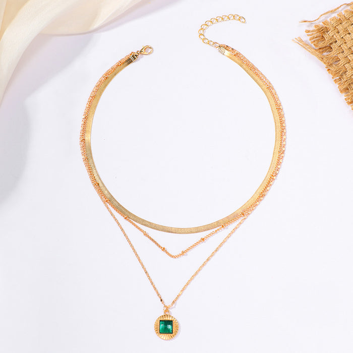 Wholesale Exaggerated jewelry, gold-plated emerald, multi-layered necklace, niche personalized alloy pendant