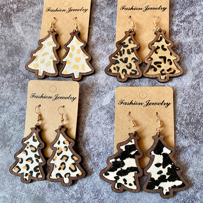 Wholesale Christmas wooden earrings Bohemian leather horse hair inlaid leather earrings
