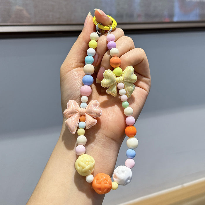 Wholesale Colorful handmade bead key chain exquisite acrylic bow mobile phone chain pendant