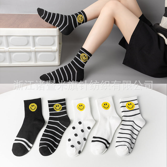 Wholesale of 10pcs Black and White Striped Cartoon Smiling Face Cotton Mid Length Socks JDC-SK-Miqi001