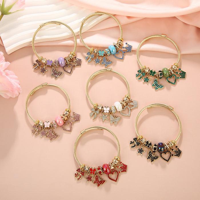 Wholesale Diamond-encrusted butterfly and heart beaded stainless steel bracelet
