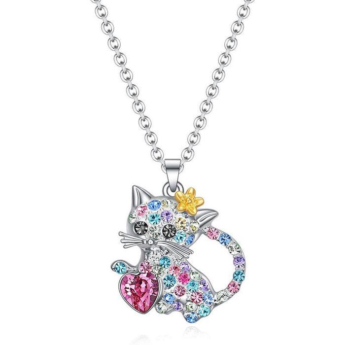 Wholesale Cute colorful cat rhinestone pendant choker necklace