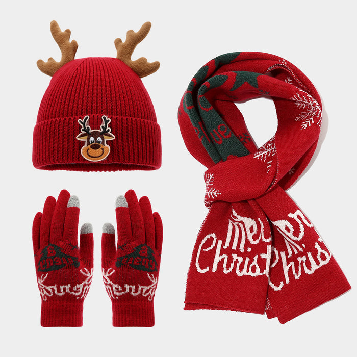 Wholesale Cute Christmas reindeer children' s knitted hat f and gloves three-piece set