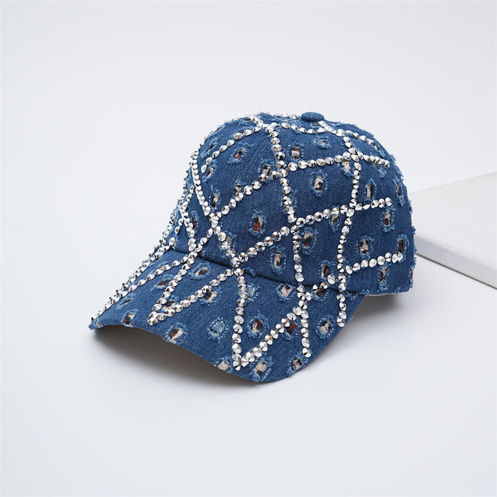 Wholesale Broken hole washed denim cap, dot diamond baseball cap, retro duckbill cap