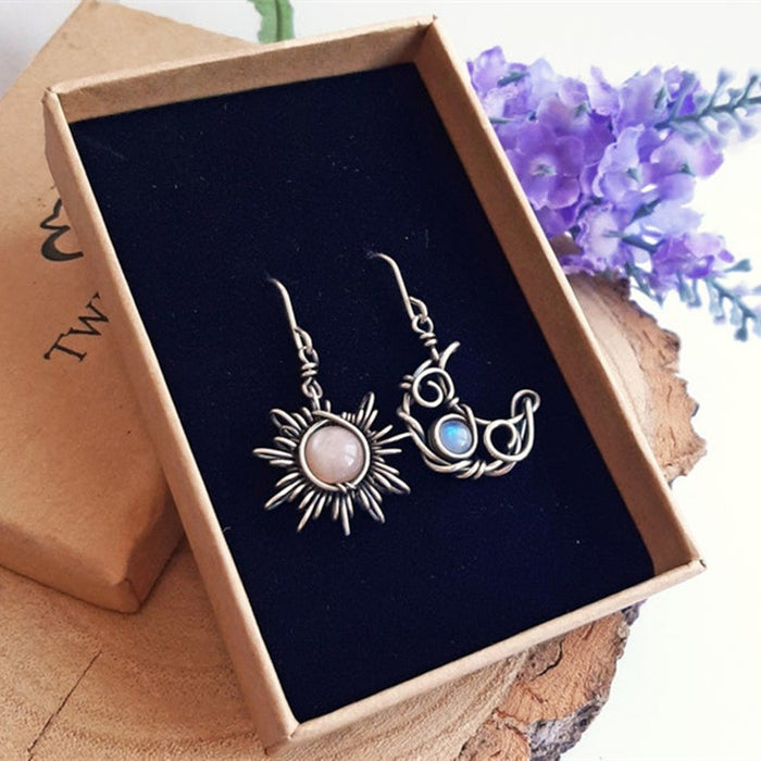 Wholesale Retro Sun Moon Earrings Moonstone Asymmetric Sun Moon Earrings