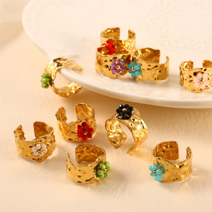 Wholesale Simple and fashionable 18K stainless steel flower ring, trendy stone petal opening ring, multi-color wholesale