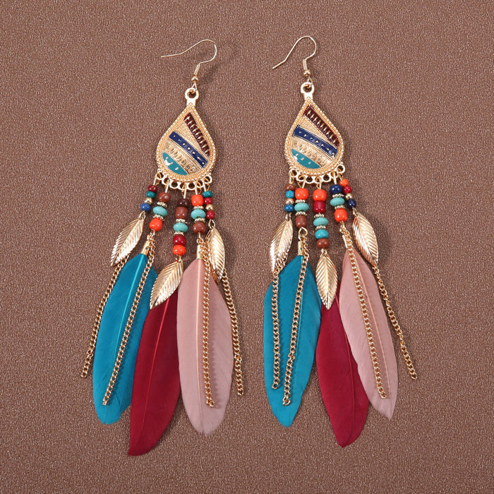 Wholesale Alloy Bohemian Feather Tassel Long Earrings JDC-ES-Gumi004