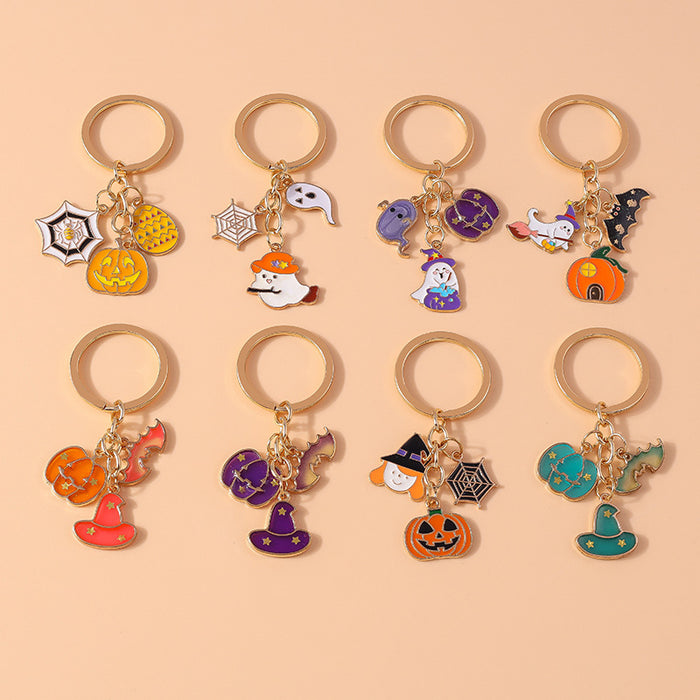 Wholesale Cute Metal Keychain With Witch Ghost Pumpkin Bat Web Design Car Key Accessory Gift