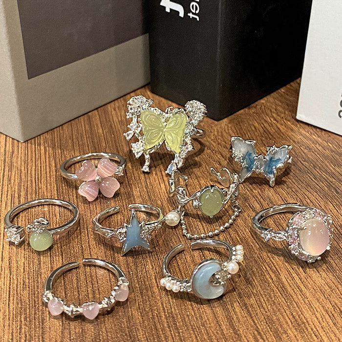 Wholesale Imitation Jade Marrow Butterfly Ring, Rotating Four Leaf Clover Flower Style, Stacked with Finger Ring