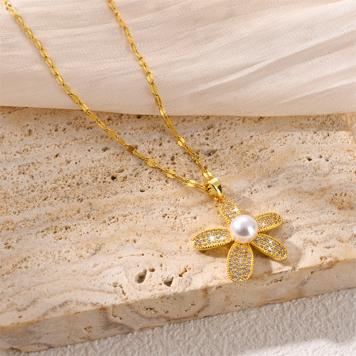 Wholesale Gas pearl micro inlaid zircon flower accessory titanium steel fashionable collarbone chain